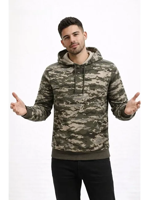 Erkek Kamuflaj Desenli 2 İplik 4 Mevsim Kapüşonlu Kanguru Cepli Hoodie Sweatshirt - Kamuflaj
