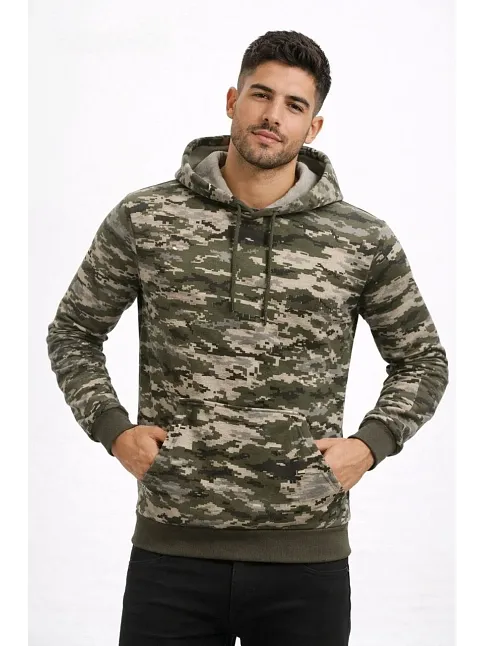 Erkek Kamuflaj Desenli 2 İplik 4 Mevsim Kapüşonlu Kanguru Cepli Hoodie Sweatshirt - Kamuflaj