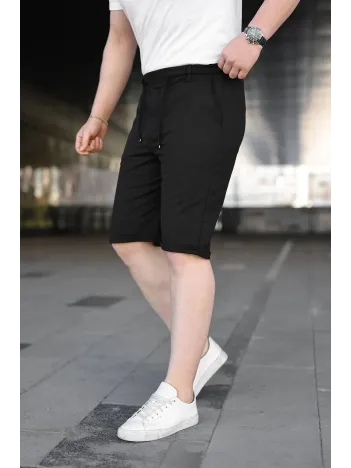 Erkek Diagonel Kumaş Duble Paça Cepli Bağcıklı Bel Lastikli Şort - Siyah