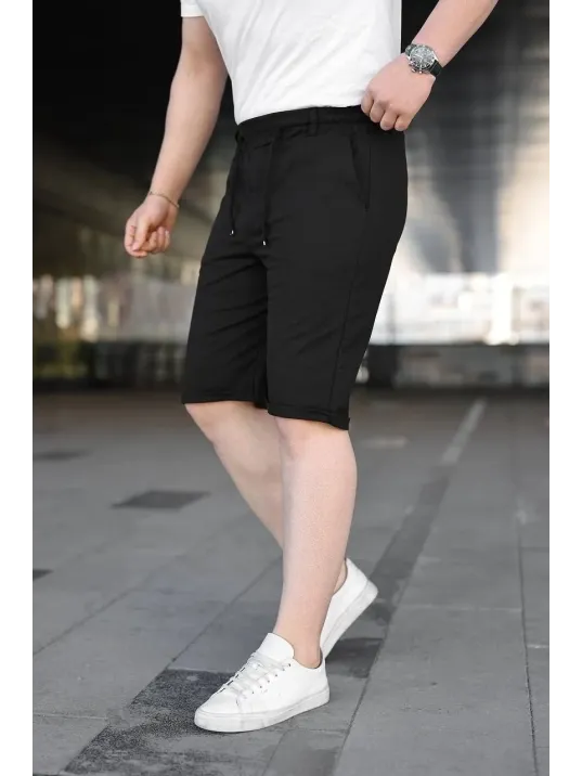Erkek Diagonel Kumaş Duble Paça Cepli Bağcıklı Bel Lastikli Şort - Siyah Erkek Diagonel Kumaş Duble Paça Cepli Bağcıklı Bel Lastikli Şort - Siyah