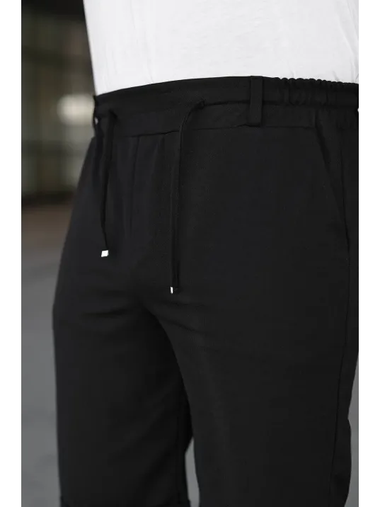 Erkek Diagonel Kumaş Duble Paça Cepli Bağcıklı Bel Lastikli Şort - Siyah Erkek Diagonel Kumaş Duble Paça Cepli Bağcıklı Bel Lastikli Şort - Siyah