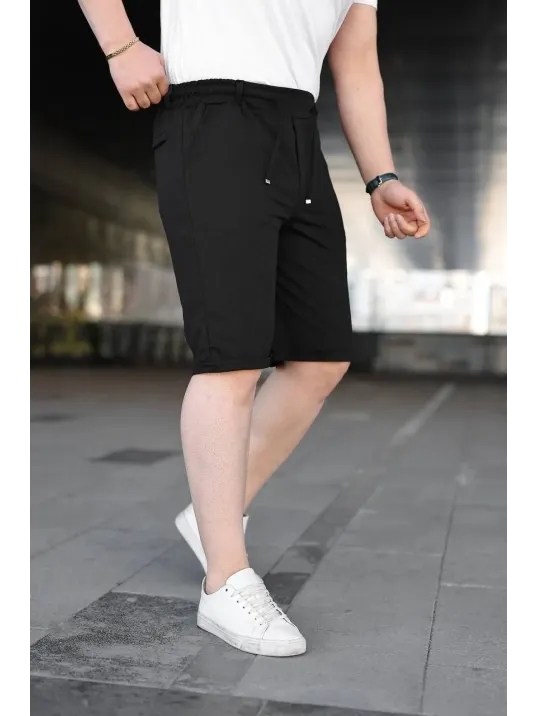 Erkek Diagonel Kumaş Duble Paça Cepli Bağcıklı Bel Lastikli Şort - Siyah Erkek Diagonel Kumaş Duble Paça Cepli Bağcıklı Bel Lastikli Şort - Siyah