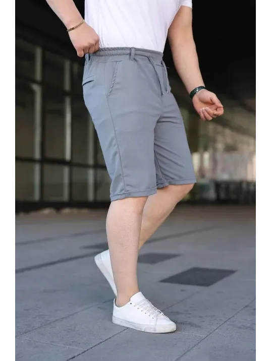 Erkek Diagonel Kumaş Duble Paça Cepli Bağcıklı Bel Lastikli Şort - Gri Erkek Diagonel Kumaş Duble Paça Cepli Bağcıklı Bel Lastikli Şort - Gri