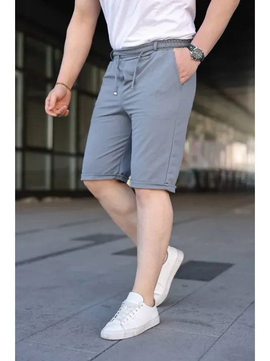 Erkek Diagonel Kumaş Duble Paça Cepli Bağcıklı Bel Lastikli Şort - Gri Erkek Diagonel Kumaş Duble Paça Cepli Bağcıklı Bel Lastikli Şort - Gri
