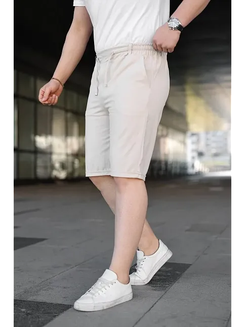 Erkek Diagonel Kumaş Duble Paça Cepli Bağcıklı Bel Lastikli Şort - Krem