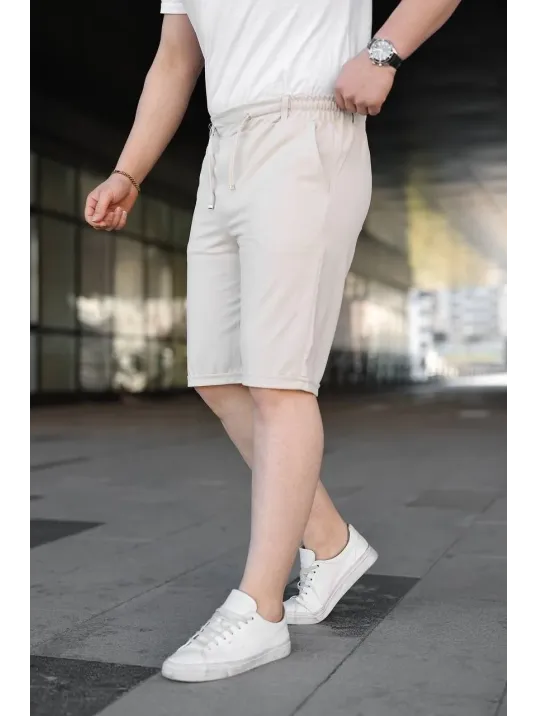 Erkek Diagonel Kumaş Duble Paça Cepli Bağcıklı Bel Lastikli Şort - Krem Erkek Diagonel Kumaş Duble Paça Cepli Bağcıklı Bel Lastikli Şort - Krem