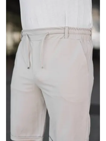 Erkek Diagonel Kumaş Duble Paça Cepli Bağcıklı Bel Lastikli Şort - Krem