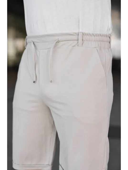 Erkek Diagonel Kumaş Duble Paça Cepli Bağcıklı Bel Lastikli Şort - Krem Erkek Diagonel Kumaş Duble Paça Cepli Bağcıklı Bel Lastikli Şort - Krem