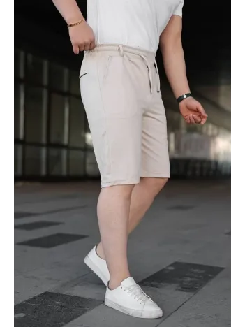 Erkek Diagonel Kumaş Duble Paça Cepli Bağcıklı Bel Lastikli Şort - Krem Erkek Diagonel Kumaş Duble Paça Cepli Bağcıklı Bel Lastikli Şort - Krem