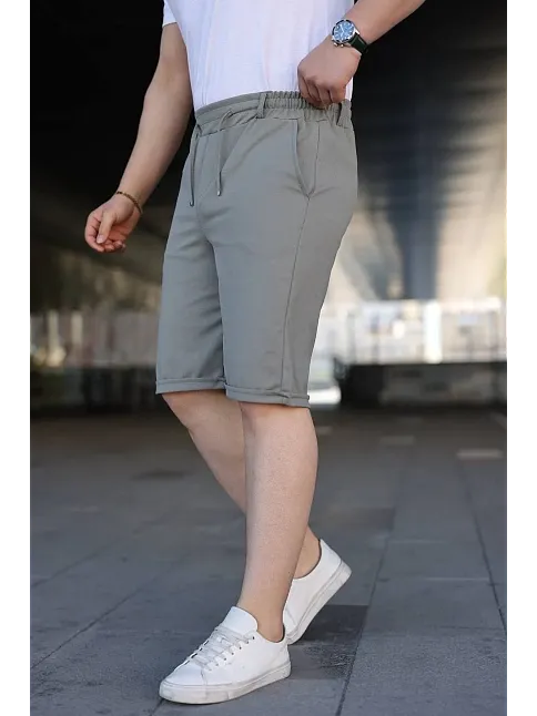 Erkek Diagonel Kumaş Duble Paça Cepli Bağcıklı Bel Lastikli Şort - Mint Yeşili