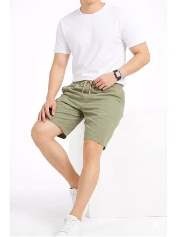 Erkek Keten Kumaş Cepli Rahat Kesim Bel Lastikli Şort - Mint Yeşili