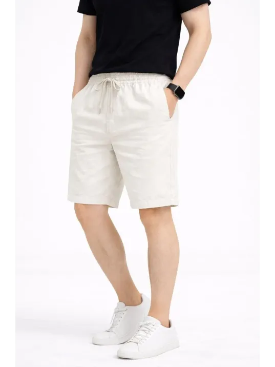 Erkek Keten Kumaş Cepli Rahat Kesim Bel Lastikli Şort - Beyaz Erkek Keten Kumaş Cepli Rahat Kesim Bel Lastikli Şort - Beyaz
