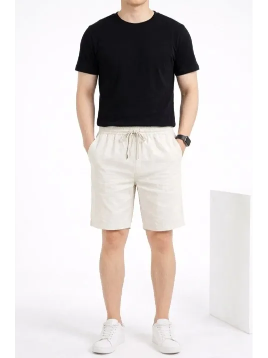 Erkek Keten Kumaş Cepli Rahat Kesim Bel Lastikli Şort - Beyaz Erkek Keten Kumaş Cepli Rahat Kesim Bel Lastikli Şort - Beyaz