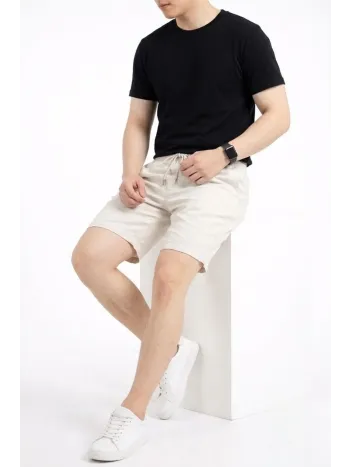 Erkek Keten Kumaş Cepli Rahat Kesim Bel Lastikli Şort - Beyaz