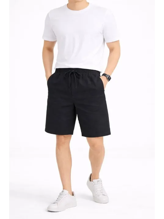 Erkek Keten Kumaş Cepli Rahat Kesim Bel Lastikli Şort - Siyah Erkek Keten Kumaş Cepli Rahat Kesim Bel Lastikli Şort - Siyah