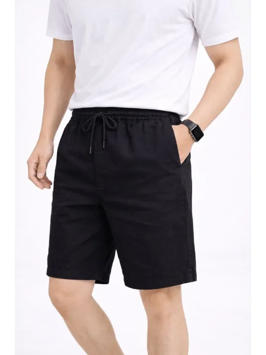Erkek Keten Kumaş Cepli Rahat Kesim Bel Lastikli Şort - Siyah Erkek Keten Kumaş Cepli Rahat Kesim Bel Lastikli Şort - Siyah