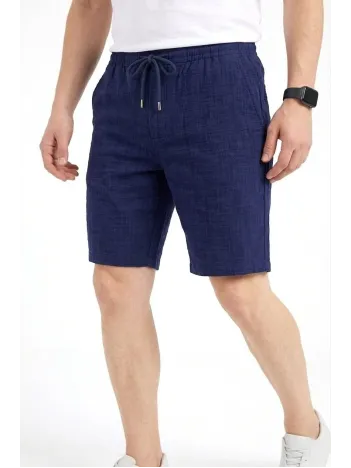 Erkek Keten Kumaş Cepli Rahat Kesim Bel Lastikli Şort - Lacivert
