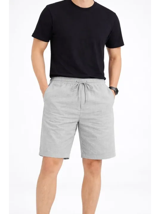 Erkek Keten Kumaş Cepli Rahat Kesim Bel Lastikli Şort - Gri Erkek Keten Kumaş Cepli Rahat Kesim Bel Lastikli Şort - Gri