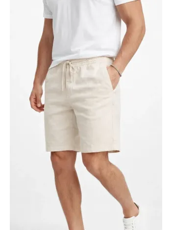 Erkek Keten Kumaş Cepli Rahat Kesim Bel Lastikli Şort - Krem