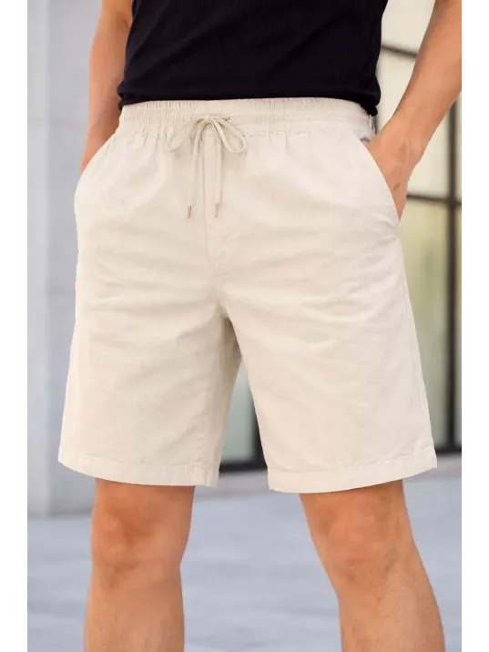 Erkek Keten Kumaş Cepli Rahat Kesim Bel Lastikli Şort - Krem Erkek Keten Kumaş Cepli Rahat Kesim Bel Lastikli Şort - Krem