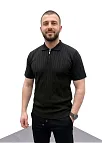 Erkek Yazlık Triko Saç Örgü Tişört Kısa Kol Polo Yaka Fermuarlı T-shirt - Siyah