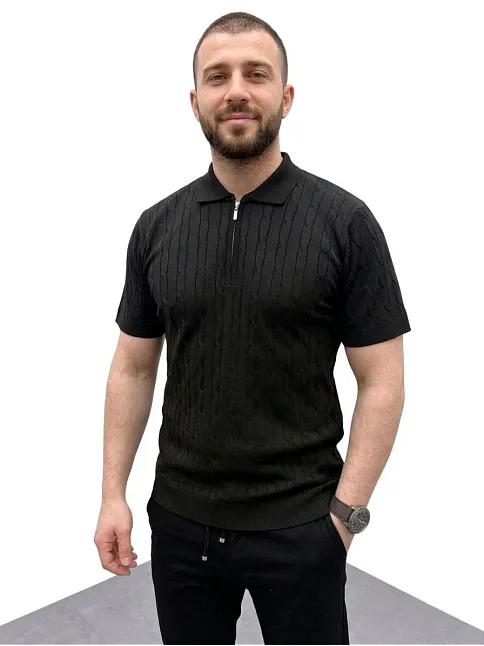 Erkek Yazlık Triko Saç Örgü Tişört Kısa Kol Polo Yaka Fermuarlı T-shirt - Siyah