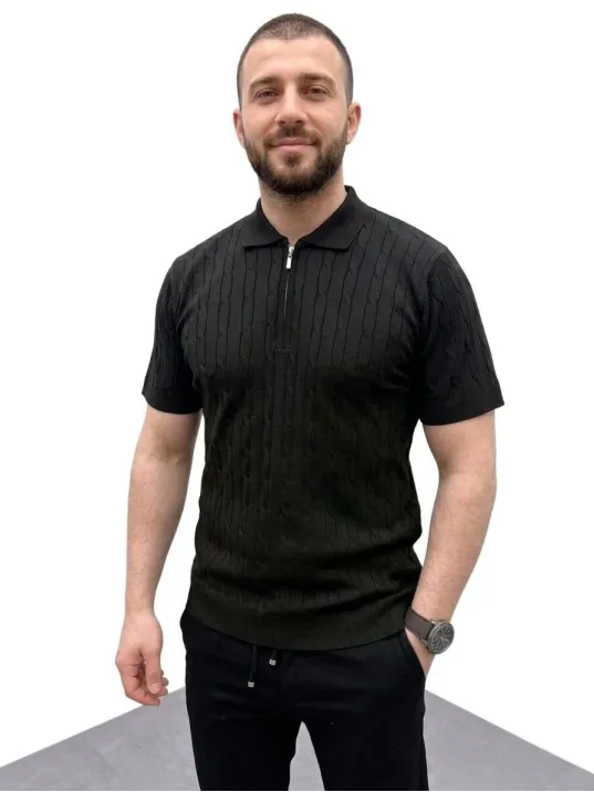 Erkek Yazlık Triko Saç Örgü Tişört Kısa Kol Polo Yaka Fermuarlı T-shirt - Siyah