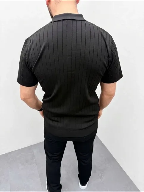 Erkek Yazlık Triko Saç Örgü Tişört Kısa Kol Polo Yaka Fermuarlı T-shirt - Siyah