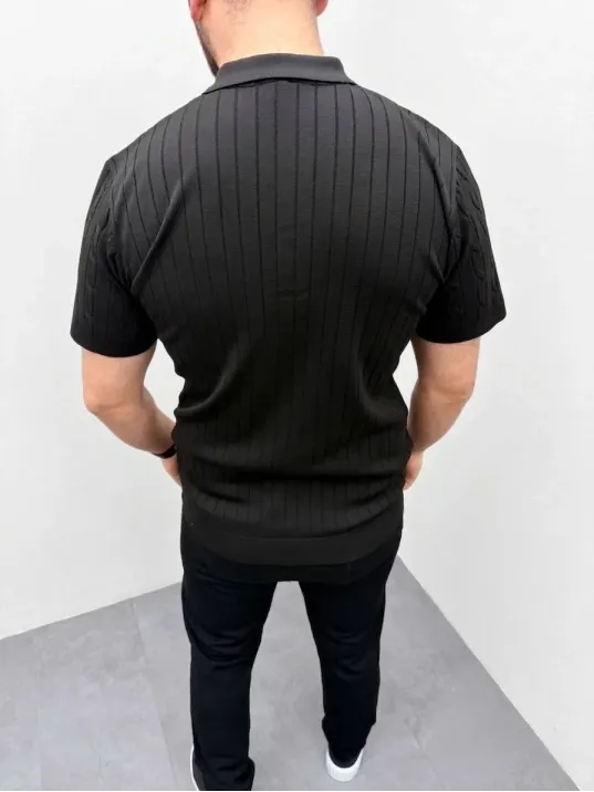 Erkek Yazlık Triko Saç Örgü Tişört Kısa Kol Polo Yaka Fermuarlı T-shirt - Siyah