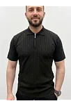 Erkek Yazlık Triko Saç Örgü Tişört Kısa Kol Polo Yaka Fermuarlı T-shirt - Siyah