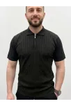 Erkek Yazlık Triko Saç Örgü Tişört Kısa Kol Polo Yaka Fermuarlı T-shirt - Siyah
