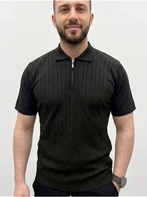 Erkek Yazlık Triko Saç Örgü Tişört Kısa Kol Polo Yaka Fermuarlı T-shirt - Siyah