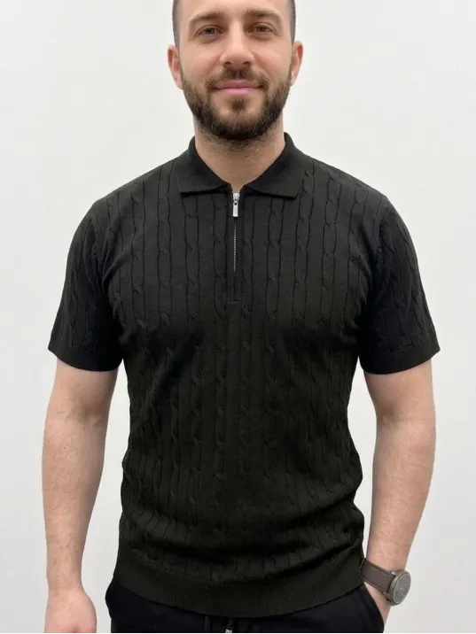 Erkek Yazlık Triko Saç Örgü Tişört Kısa Kol Polo Yaka Fermuarlı T-shirt - Siyah