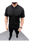 Erkek Yazlık Triko Saç Örgü Tişört Kısa Kol Polo Yaka Fermuarlı T-shirt - Siyah