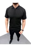 Erkek Yazlık Triko Saç Örgü Tişört Kısa Kol Polo Yaka Fermuarlı T-shirt - Siyah