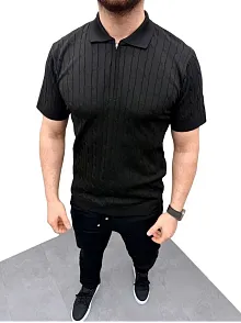 Erkek Yazlık Triko Saç Örgü Tişört Kısa Kol Polo Yaka Fermuarlı T-shirt - Siyah