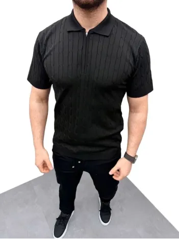 Erkek Yazlık Triko Saç Örgü Tişört Kısa Kol Polo Yaka Fermuarlı T-shirt - Siyah Erkek Yazlık Triko Saç Örgü Tişört Kısa Kol Polo Yaka Fermuarlı T-shirt - Siyah