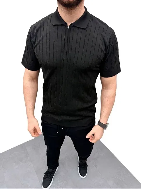 Erkek Yazlık Triko Saç Örgü Tişört Kısa Kol Polo Yaka Fermuarlı T-shirt - Siyah