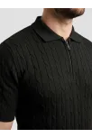 Erkek Yazlık Triko Saç Örgü Tişört Kısa Kol Polo Yaka Fermuarlı T-shirt - Siyah