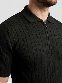 Erkek Yazlık Triko Saç Örgü Tişört Kısa Kol Polo Yaka Fermuarlı T-shirt - Siyah