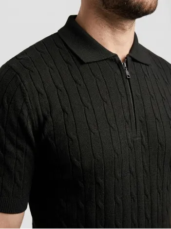 Erkek Yazlık Triko Saç Örgü Tişört Kısa Kol Polo Yaka Fermuarlı T-shirt - Siyah