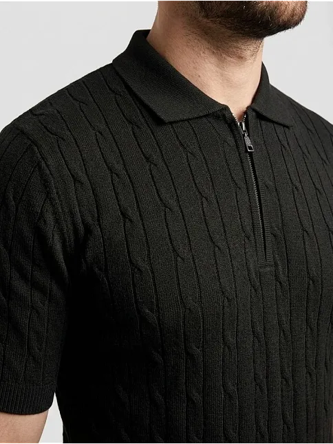 Erkek Yazlık Triko Saç Örgü Tişört Kısa Kol Polo Yaka Fermuarlı T-shirt - Siyah