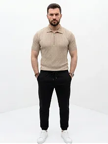 Erkek Yazlık Triko Saç Örgü Tişört Kısa Kol Polo Yaka Fermuarlı T-shirt - Bej