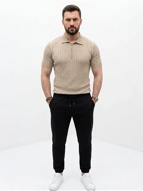 Erkek Yazlık Triko Saç Örgü Tişört Kısa Kol Polo Yaka Fermuarlı T-shirt - Bej