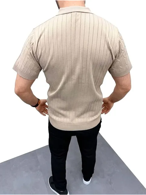 Erkek Yazlık Triko Saç Örgü Tişört Kısa Kol Polo Yaka Fermuarlı T-shirt - Bej