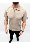 Erkek Yazlık Triko Saç Örgü Tişört Kısa Kol Polo Yaka Fermuarlı T-shirt - Bej
