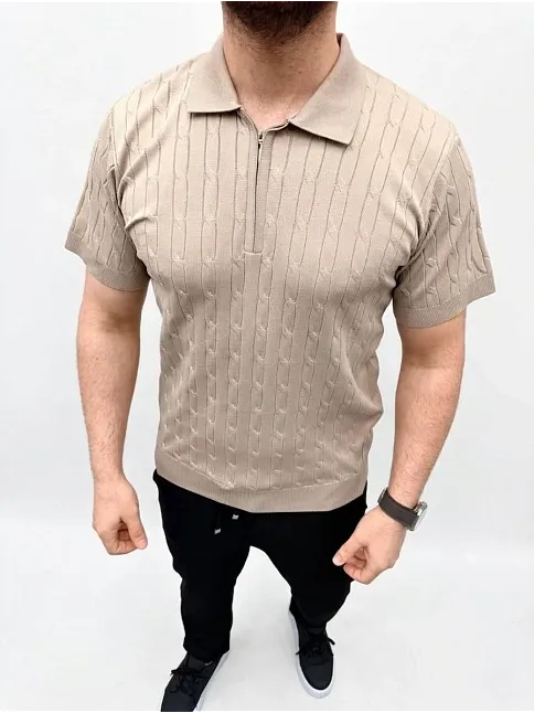 Erkek Yazlık Triko Saç Örgü Tişört Kısa Kol Polo Yaka Fermuarlı T-shirt - Bej