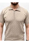 Erkek Yazlık Triko Saç Örgü Tişört Kısa Kol Polo Yaka Fermuarlı T-shirt - Bej