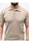 Erkek Yazlık Triko Saç Örgü Tişört Kısa Kol Polo Yaka Fermuarlı T-shirt - Bej Erkek Yazlık Triko Saç Örgü Tişört Kısa Kol Polo Yaka Fermuarlı T-shirt - Bej