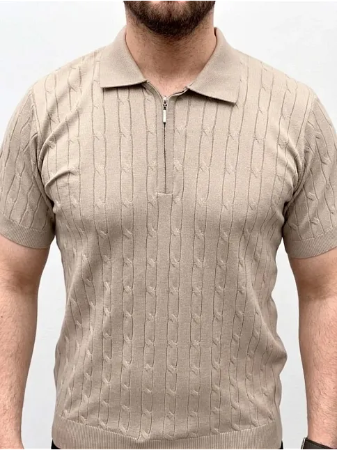 Erkek Yazlık Triko Saç Örgü Tişört Kısa Kol Polo Yaka Fermuarlı T-shirt - Bej